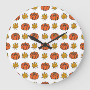Herbstblätter: Von Hand Gezeichnet Kürbismuster Große Wanduhr