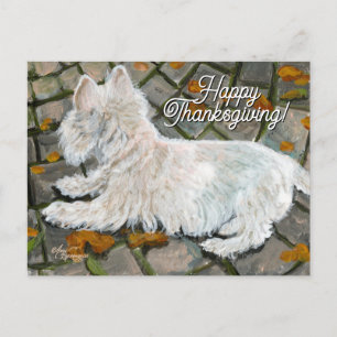 Herbstblätter Westie auf der Terrasse Feiertagspostkarte