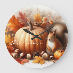 Herbstblättern, Kastanien, Kürbis und Eichhörnchen Große Wanduhr