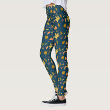 Herbstblaue Blattdruck-Leggings | Damenmode