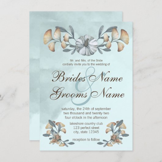 Herbstblauer Pumpkin & Ginkgo Hochzeit Einladung (Vorne/Hinten)