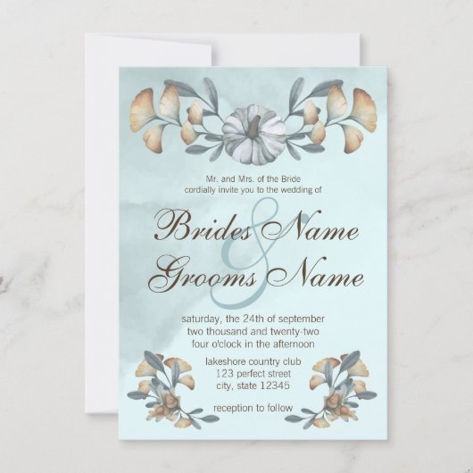 Herbstblauer Pumpkin & Ginkgo Hochzeit Einladung (Vorderseite)