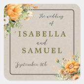 Herbstbloms floraler Fall Orange Grüne Hochzeit Quadratischer Aufkleber (Vorderseite)