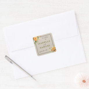 Herbstbloms floraler Fall Orange Grüne Hochzeit Quadratischer Aufkleber