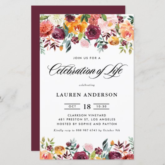 Herbstbloms Garland Feier des Lebens Einladung (Vorne/Hinten)