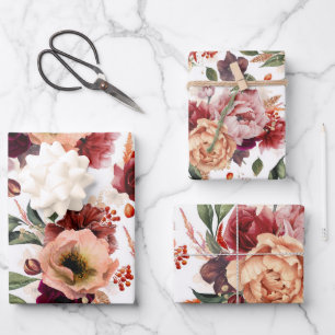 Herbstblumen Burgundrot Orange Botanisch Floral Geschenkpapier Set