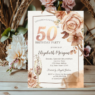 Herbstblumen, Champagnerglas Gold 50. Einladung