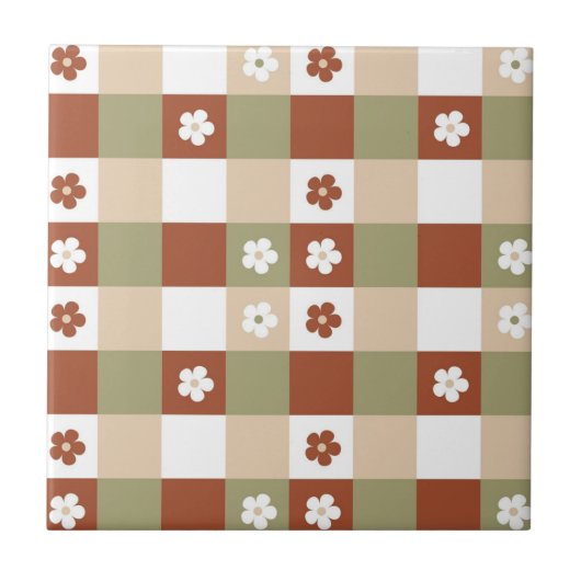 Herbstblumen-Gingham-Karomuster Fliese (Vorderseite)