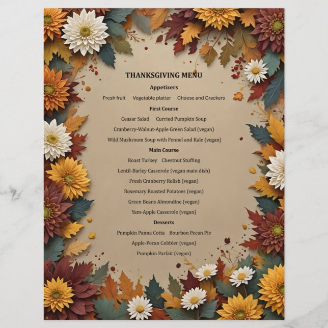 Herbstblumen-Menü-Einladung Briefbogen (Vorderseite)