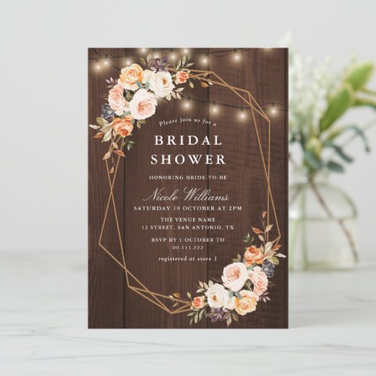 Herbstblumen rustikale Saitenleuchten Brautparty Einladung (Stehend Vorderseite)