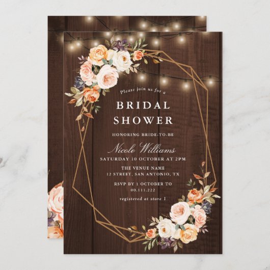 Herbstblumen rustikale Saitenleuchten Brautparty Einladung (Vorne/Hinten)