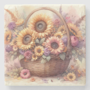 Herbstblumen und Sonnenblumen Wasserfarbe Pastell Steinuntersetzer