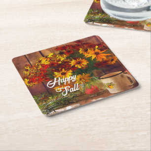 Herbstblumen und Tasse mit anpassbarem Text Rechteckiger Pappuntersetzer