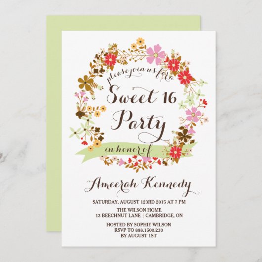 Herbstblumenbad 16 . Geburtstag Einladung (Vorne/Hinten)