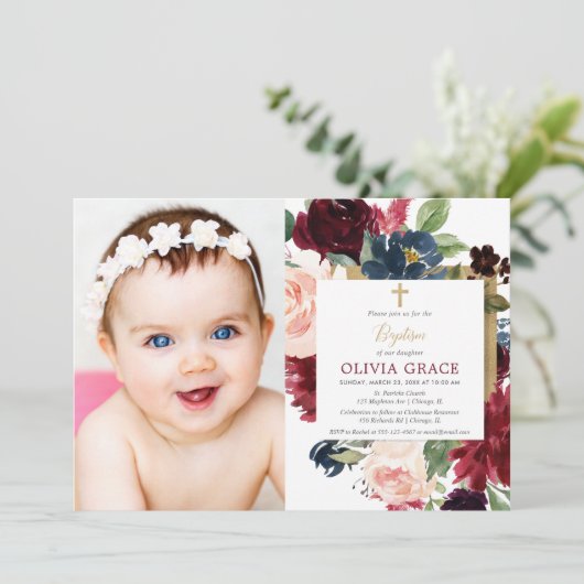 Herbstblumenburgund Goldgräber Taufe Foto Einladung (Stehend Vorderseite)