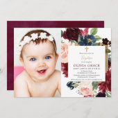 Herbstblumenburgund Goldgräber Taufe Foto Einladung (Vorne/Hinten)