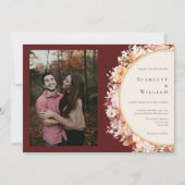 Herbstblumenburgund, Horizontal Foto Hochzeit Einladung (Vorderseite)