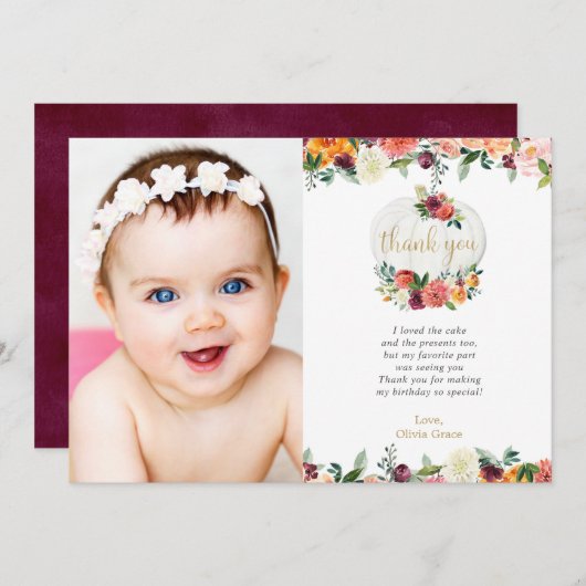 Herbstblumenburgunder weißer Kürbis Dankeschön Kar Einladung (Vorne/Hinten)