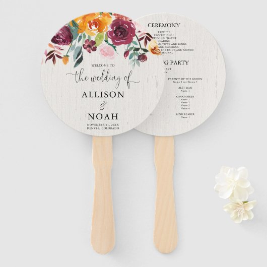 Herbstblumenwasserfarbe rustikales Hochzeitsprogra Fächer (Vorne und Hinten)