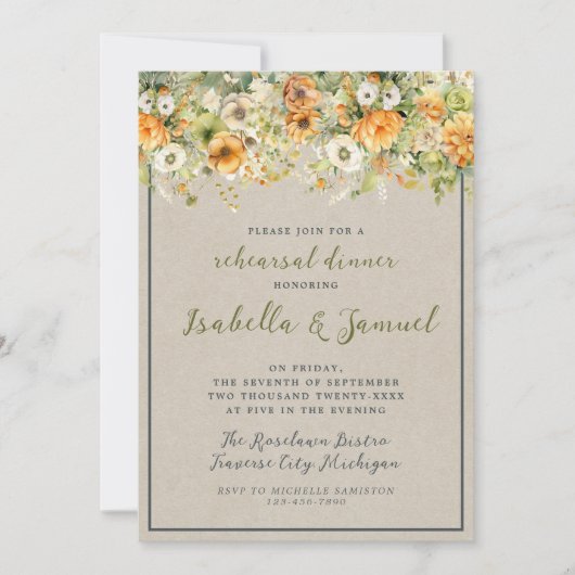 Herbstblüten Blumenfall Orange Probe Dinner Einladung (Vorderseite)