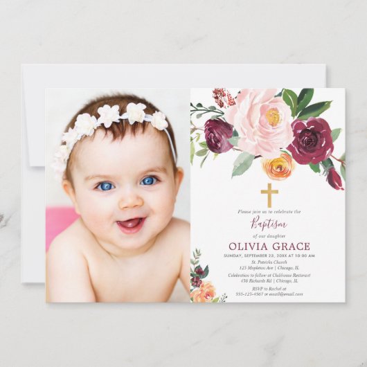 Herbstblütenrot Rosa Taufe Foto Einladung (Vorderseite)