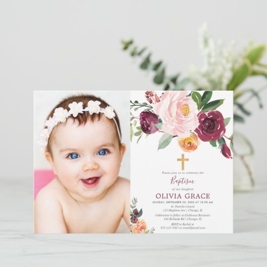 Herbstblütenrot Rosa Taufe Foto Einladung (Stehend Vorderseite)