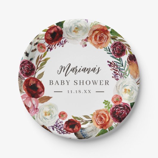 Herbstboho blubt Personalisierte Babydusche Pappteller (Vorderseite)