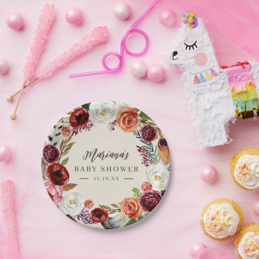 Herbstboho blubt Personalisierte Babydusche Pappteller (Party)