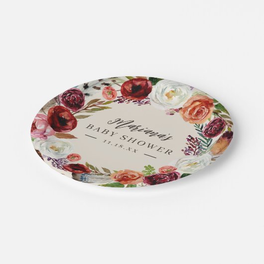 Herbstboho blubt Personalisierte Babydusche Pappteller (Schrägansicht)