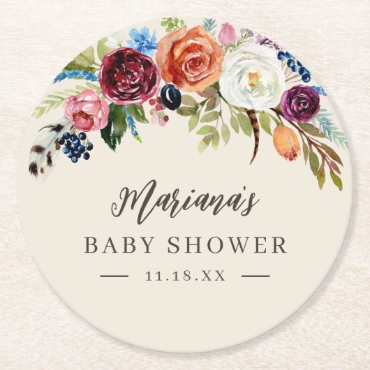 Herbstboho blubt Personalisierte Babydusche Runder Pappuntersetzer (Vorderseite)