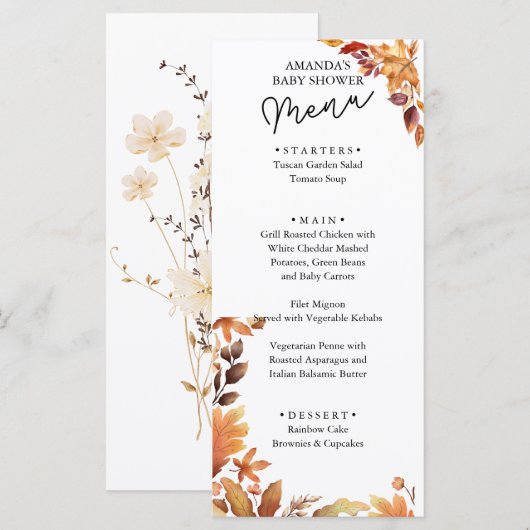 Herbstboho Rustic Baby Dusche Menükarte (Vorne/Hinten)