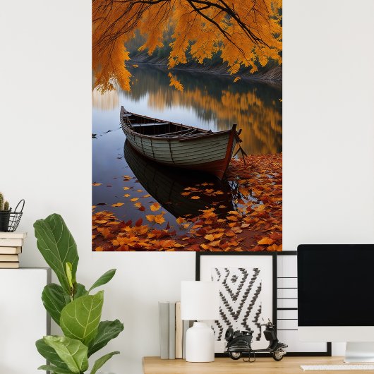Herbstboot auf einem ruhigen Fluss Wall Art Poster (Heimbüro)