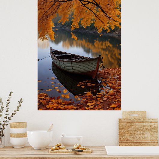 Herbstboot auf einem ruhigen Fluss Wall Art Poster (Küche)