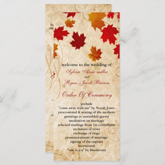 Herbstbraun Blätter Hochzeitsprogramm Programm (Vorne/Hinten)