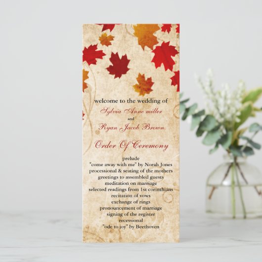 Herbstbraun Blätter Hochzeitsprogramm Programm (Stehend Vorderseite)