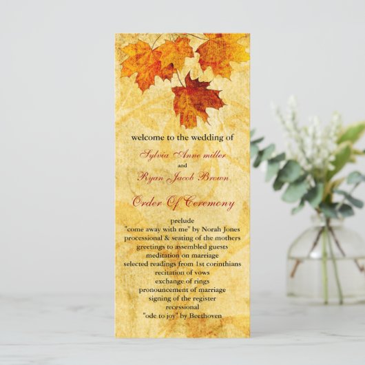 Herbstbraun Blätter Hochzeitsprogramm Programm (Stehend Vorderseite)