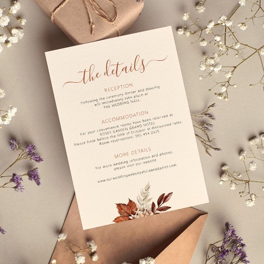 Herbstbro verlasse Hochzeitsdetails Elfenbein Begleitkarte