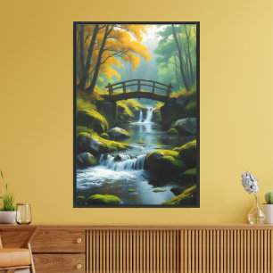 Herbstbrücke Wasserfall – Friedliche Naturlandscha Leinwanddruck
