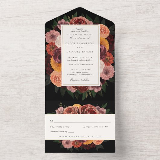 Herbstbrunnen-Blumenhochzeit - alles in einer Einl All In One Einladung (Innen Boden)