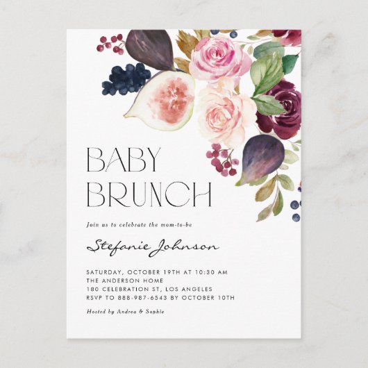 Herbstburgund-Blume und Figes Fall Baby Brunch Einladungspostkarte (Vorderseite)