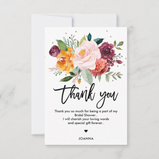 Herbstburgund Blush Bloral Blossom Brautparty Dankeskarte (Vorderseite)