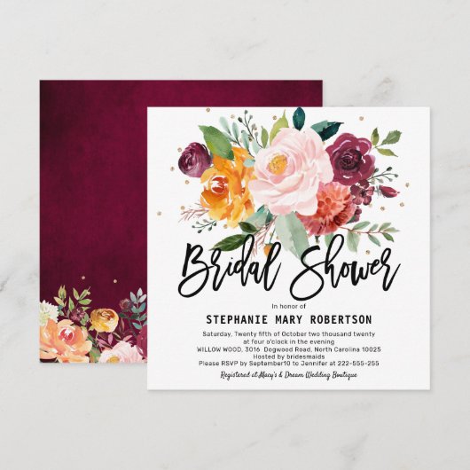 Herbstburgund Blush Bloral Blossom Brautparty Einladung (Vorne/Hinten)