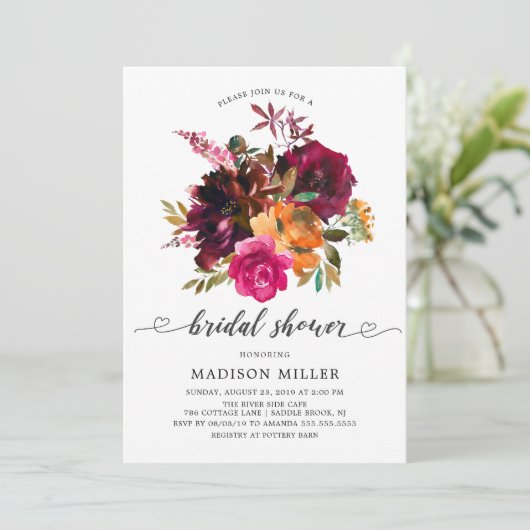 Herbstburgund & Orange Brautparty Einladung (Stehend Vorderseite)