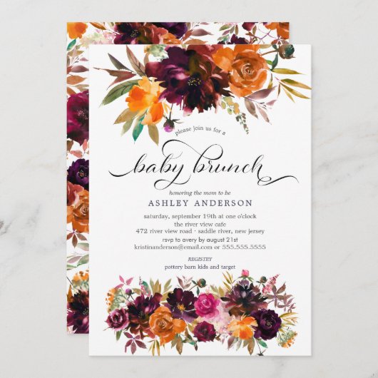 Herbstburgundy & Orange Floral Baby Brunch Einladung (Vorne/Hinten)