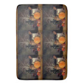 Herbstdekorationen am Tisch, Kürbis, Früchte, Getr Badematte (Vorderseite Vertikal)