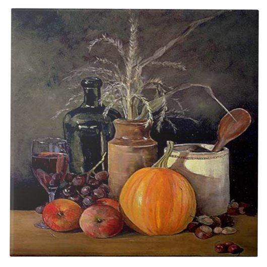 Herbstdekorationen am Tisch, Kürbis, Früchte, Getr Fliese (Vorderseite)