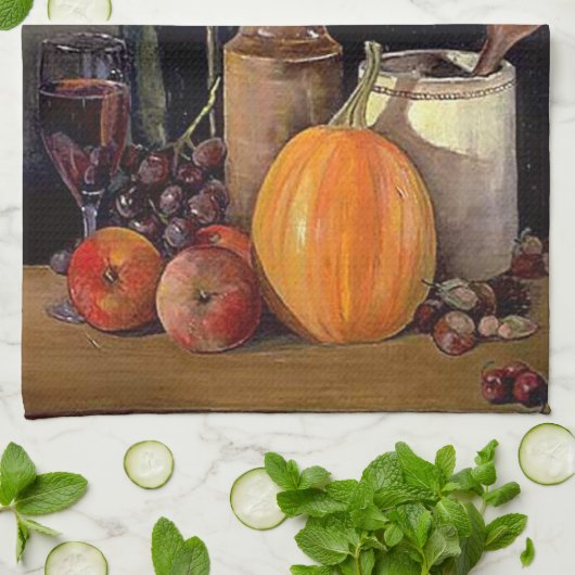 Herbstdekorationen am Tisch, Kürbis, Früchte, Getr Geschirrtuch (Gefaltet)