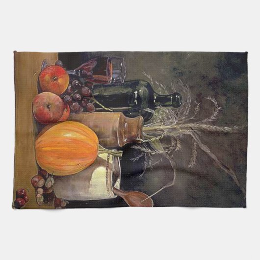 Herbstdekorationen am Tisch, Kürbis, Früchte, Getr Geschirrtuch (Horizontal)