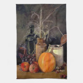 Herbstdekorationen am Tisch, Kürbis, Früchte, Getr Geschirrtuch (Vertikal)