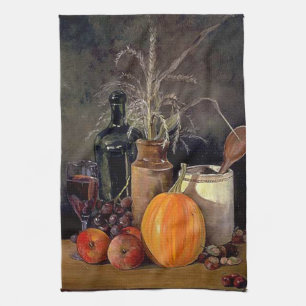 Herbstdekorationen am Tisch, Kürbis, Früchte, Getr Geschirrtuch